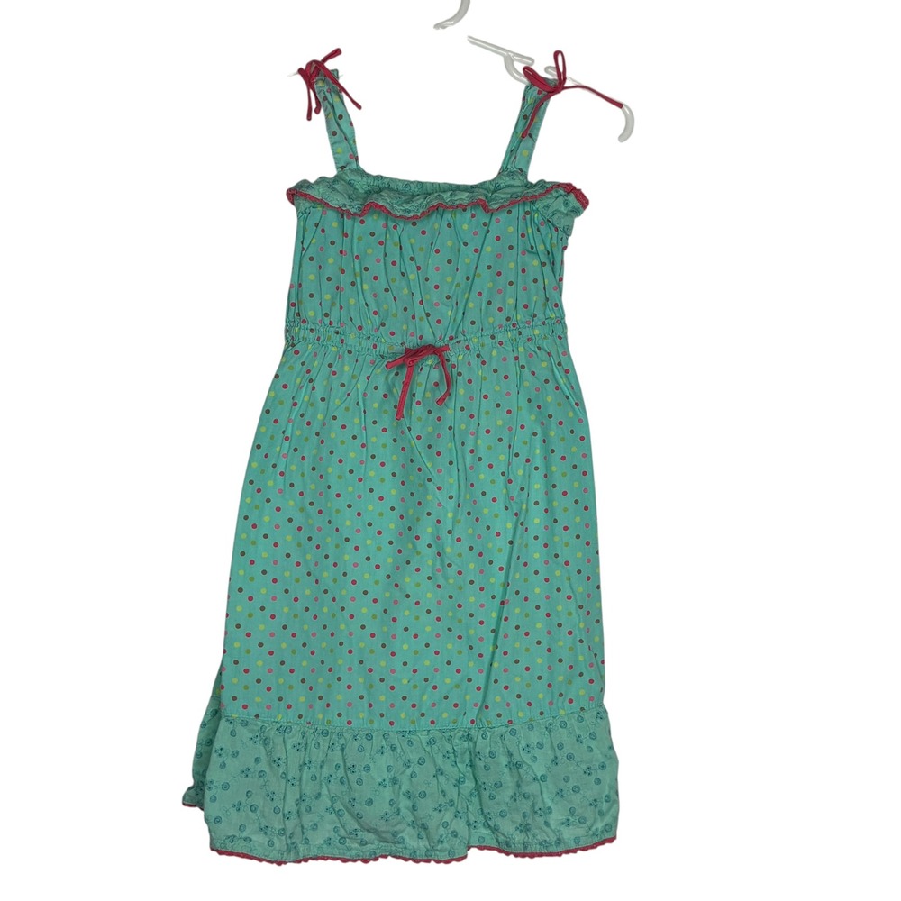 Osh Kosh Genuine Kids Girls 3T Sundress Teal Polka Dot Ruffle Eyelet Tie Straps